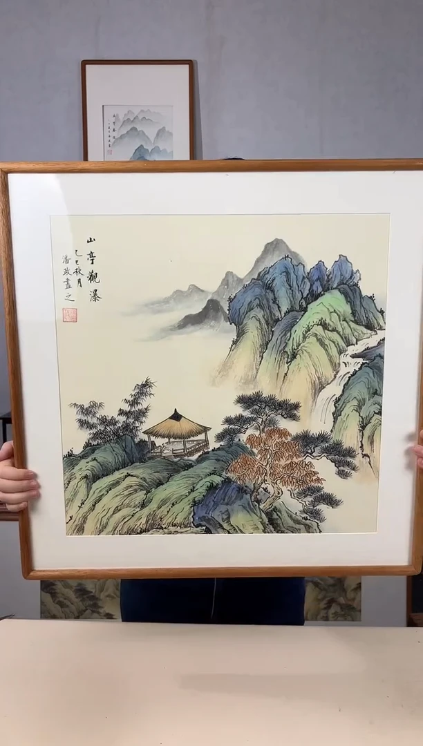 国画手绘*山亭观瀑*62*62cm实木框