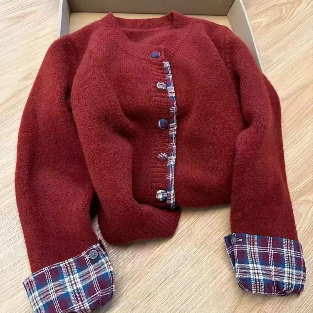 韩系圆领格子拼接毛衣女2024秋冬新款宽松上衣外套 【九】