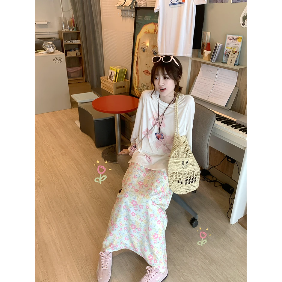 设计感印花长袖T恤碎花女春季宽松百搭上衣