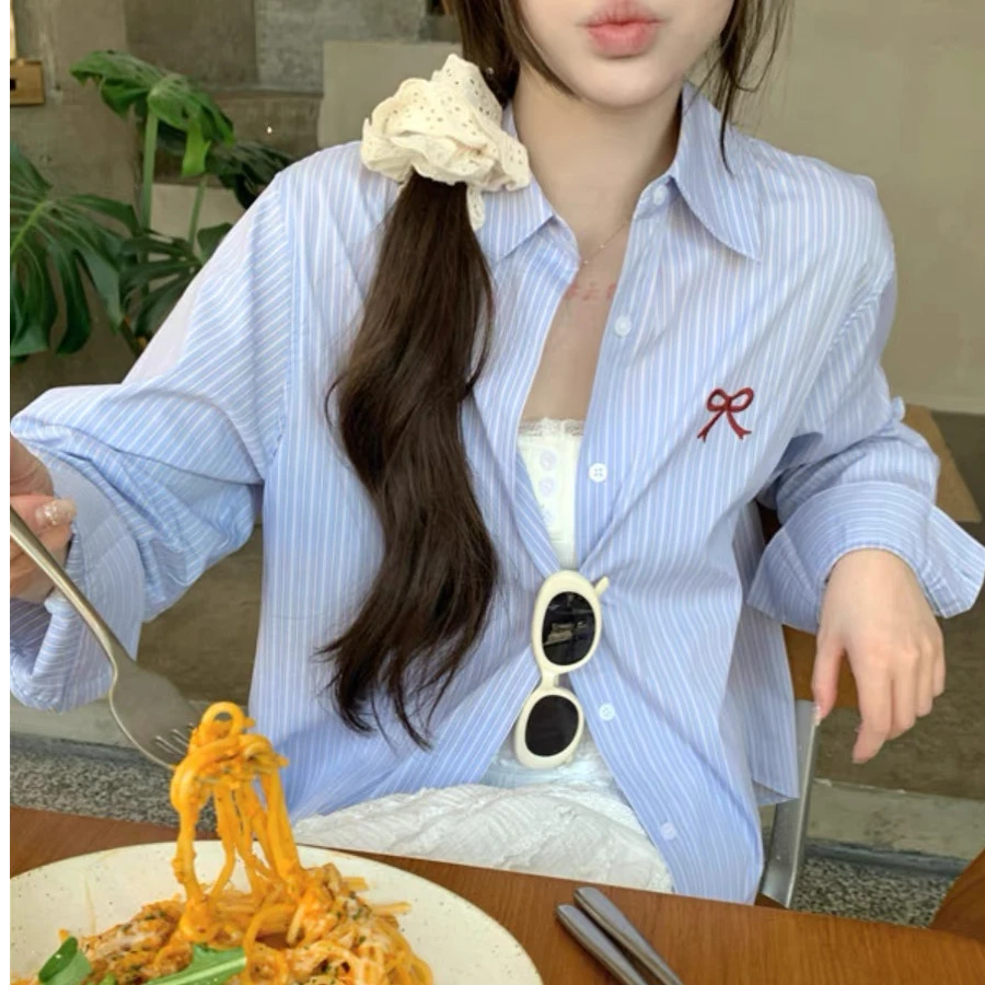 复古港风蝴蝶结刺绣条纹衬衫2025春季休闲宽松百搭长袖上衣外套女