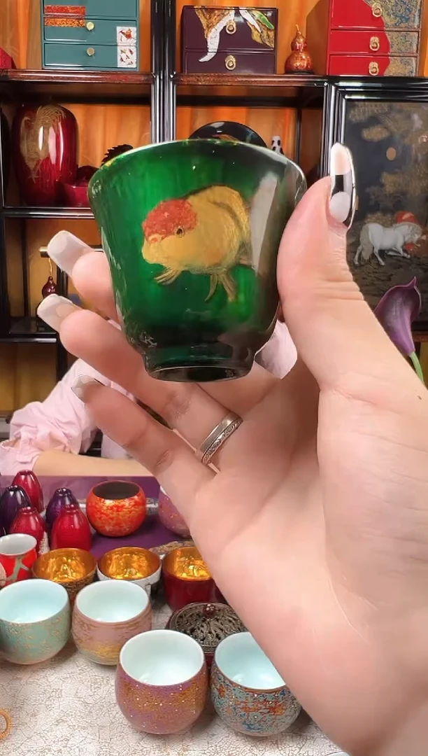 极光绿兰寿鱼一口杯-太古大漆