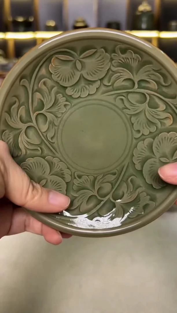 瓷片纯手工双色釉跳刀缠枝牡丹双面壶承杯垫