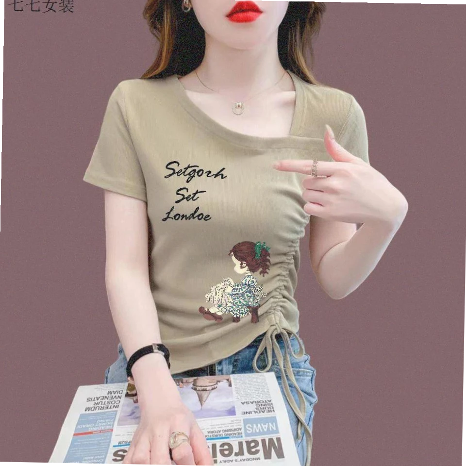 新款时尚洋气短款短袖减龄设计感恤女士夏季小众不规则百搭上衣