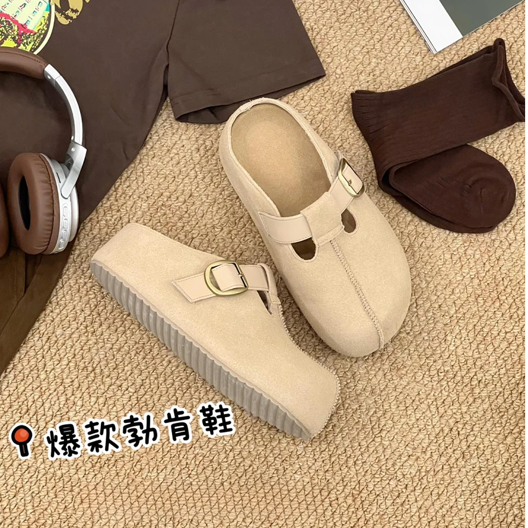 【安妮专属】【微风】真皮软底勃肯鞋春季牛皮厚底博肯半拖668-150