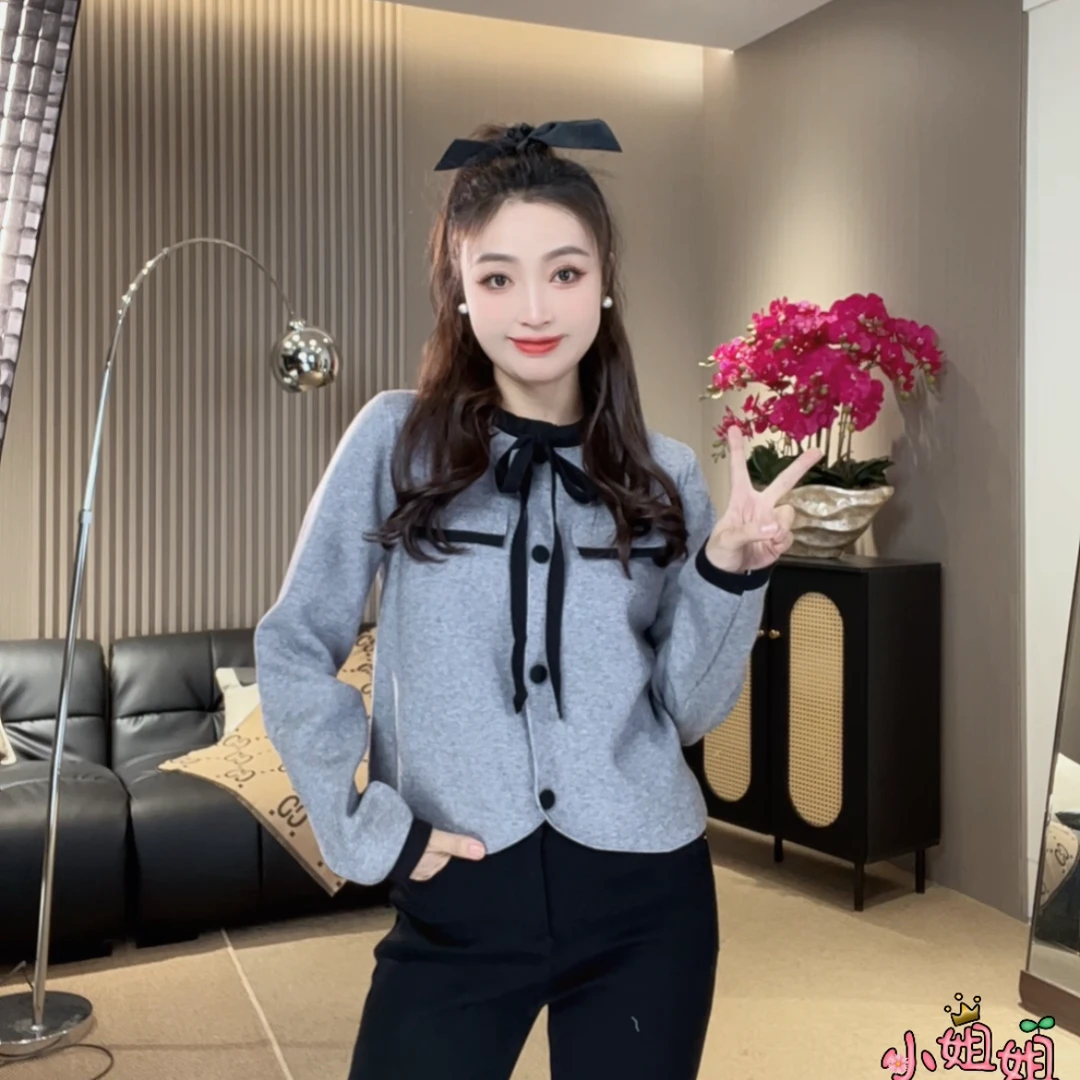 【欧加恋恋】新款韩系网红百搭时尚洋气拼色领系带毛衣 M25010612