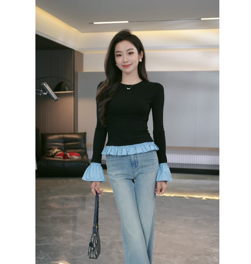 MEINA专属【湛蓝浪潮】早春喇叭袖设计感圆领百搭高级感针织衫上衣
