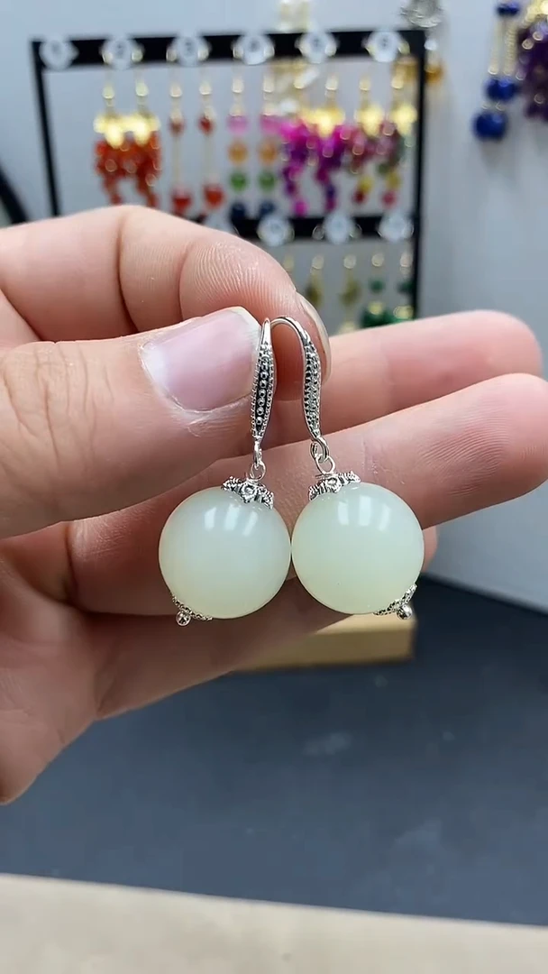 【闪购商品】和田玉耳饰银S925镶嵌尺寸16mmW1