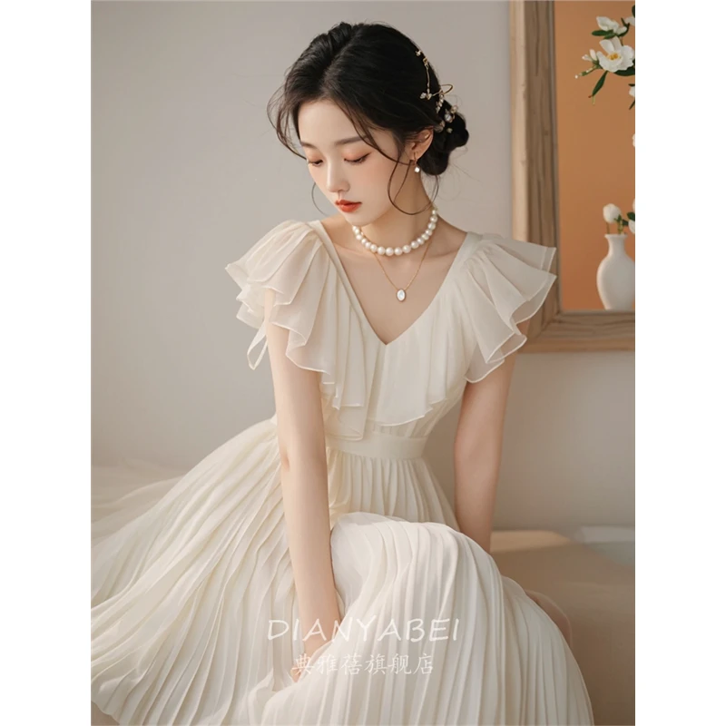 白月光雪纺连衣裙2024新款女夏原创小众法式荷叶边风情万种的裙子