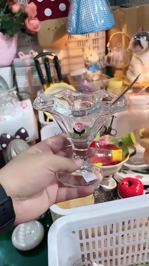 瓷片小花高脚甜品碗 ,开播福利款，拼手速