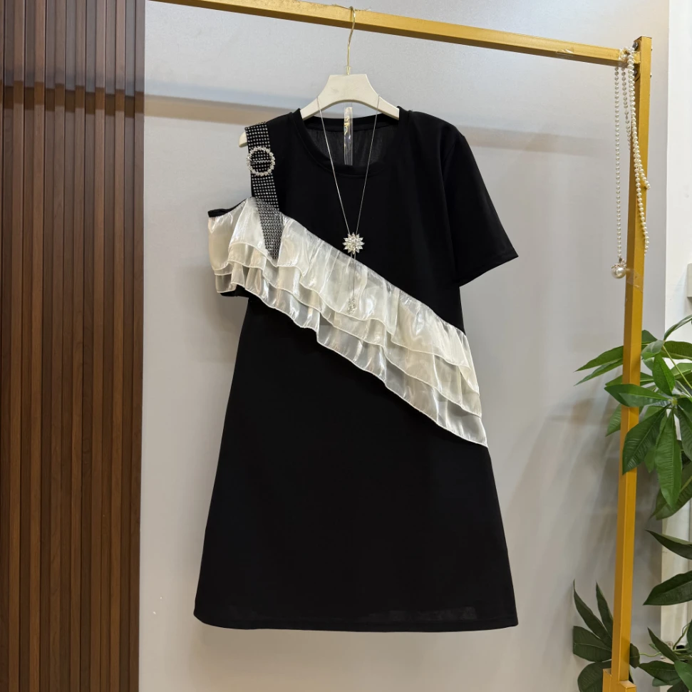 新款大码女装时尚洋气露肩宽松显瘦名媛气质连衣裙