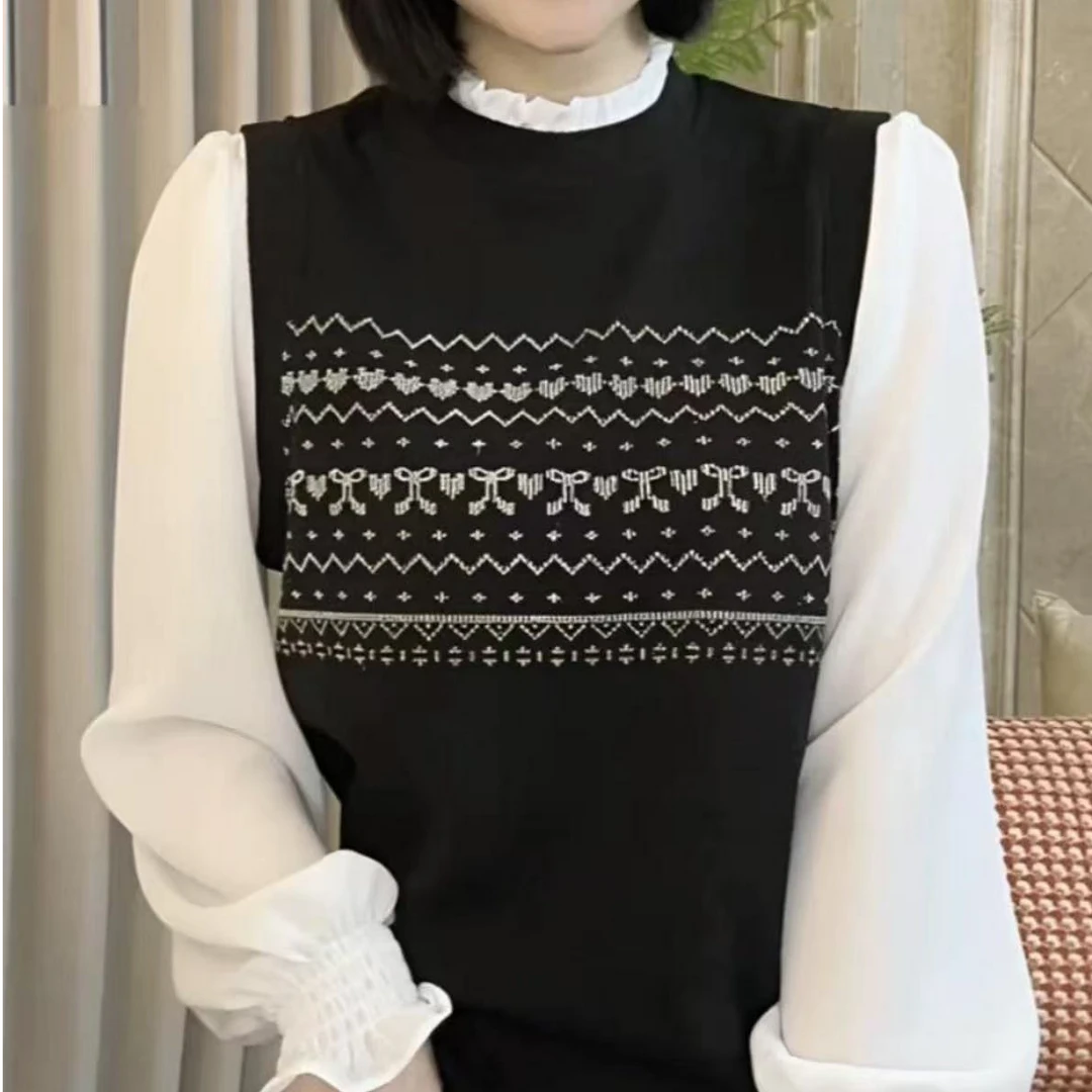 659-雪纺袖针织拼接衬衫