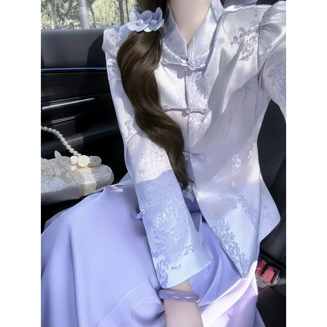2025春季新中式外套女超好看复古盘扣新国风上衣女紫色半身裙套装