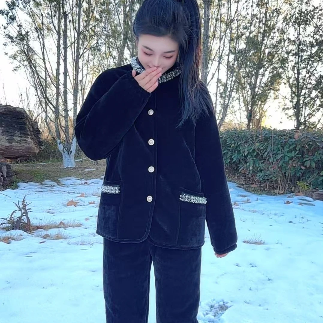 女士冬季加厚加棉成人家居服棉服百搭睡衣立领短款家居服套装整套