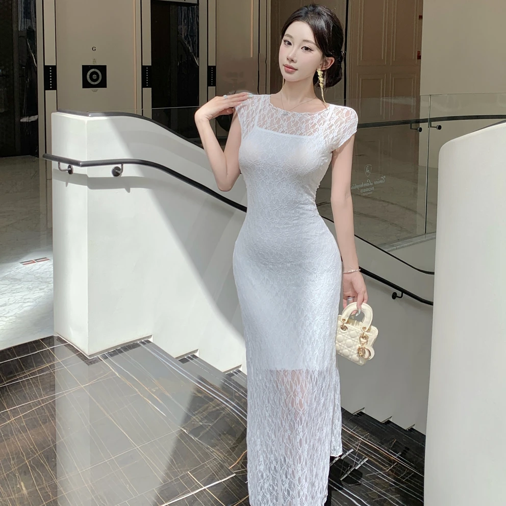 法式御姐风镂空蕾丝连衣裙子女夏季纯欲气质修身包臀长裙子两件套