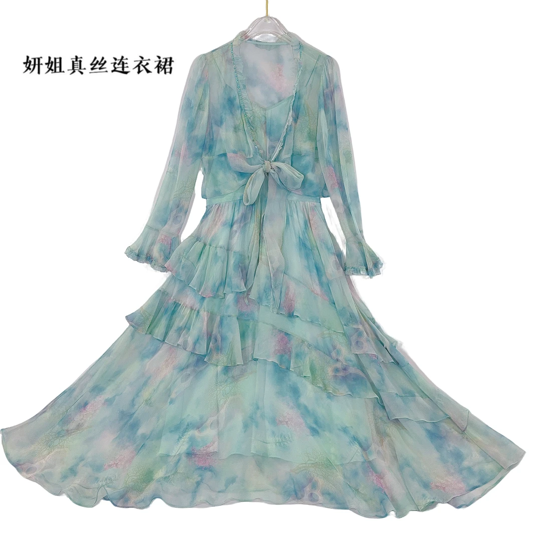 【海蓝花屿】2025妍姐春夏季气质轻奢真丝两件套长裙 蓝色 25S-8009