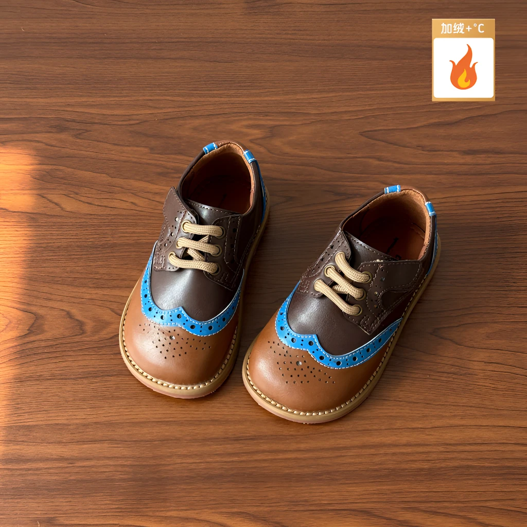 <质感出众>  女童小皮鞋秋冬撞色英伦男童镂空雕刻复古加绒休闲鞋