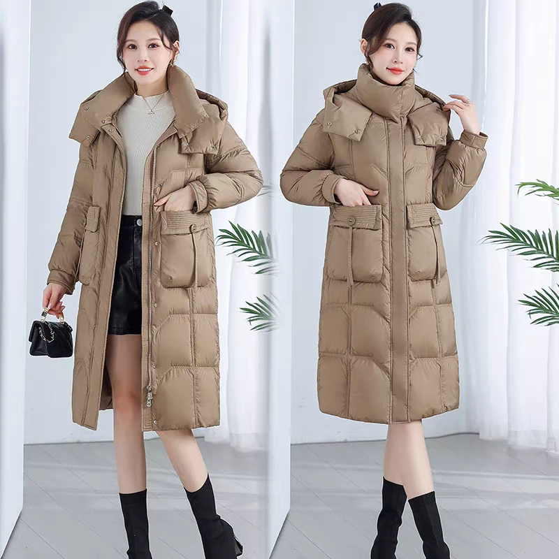连帽女中长款冬韩版加厚白鸭绒过膝保暖外套