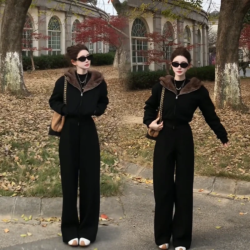 韩版INS风高级感炸街黑色显瘦加绒加厚连帽卫衣外套休闲裤两件套