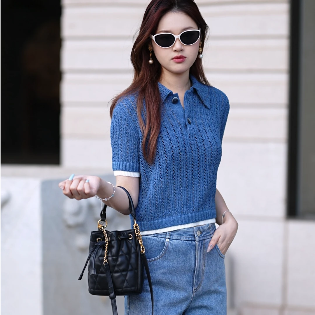 GIRDEAR/哥弟夏日清爽POLO衫新款气质百搭显瘦镂空针织T恤138055