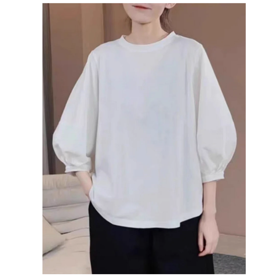 媄澜新款简约纯色灯笼袖T恤夏季气质优雅宽松舒适半袖上衣女装