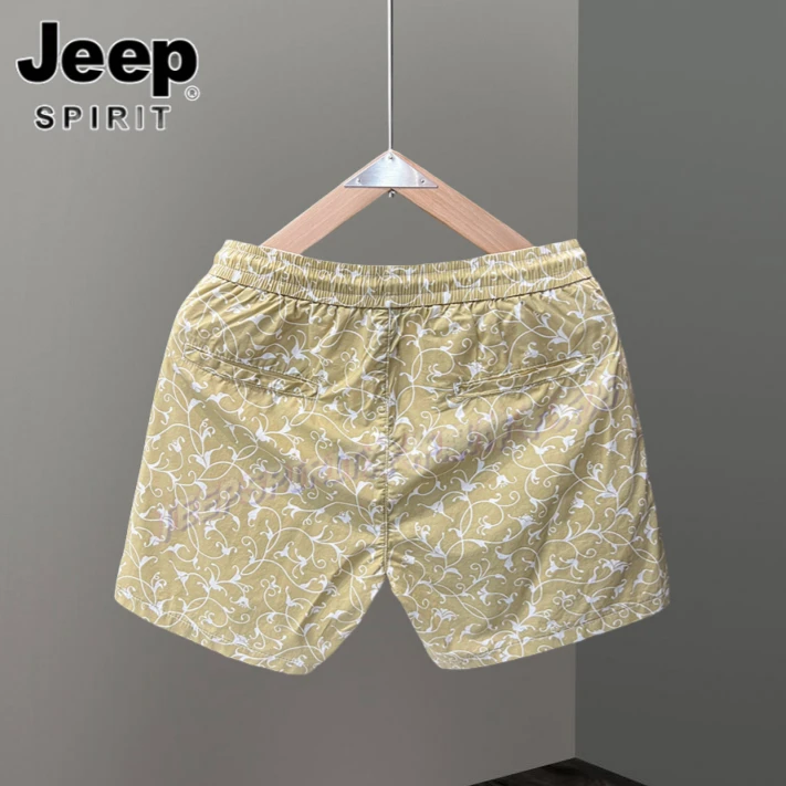 Jeep吉普春秋季纯棉百搭短裤男花纹装饰直筒三分裤夏季沙滩运动裤