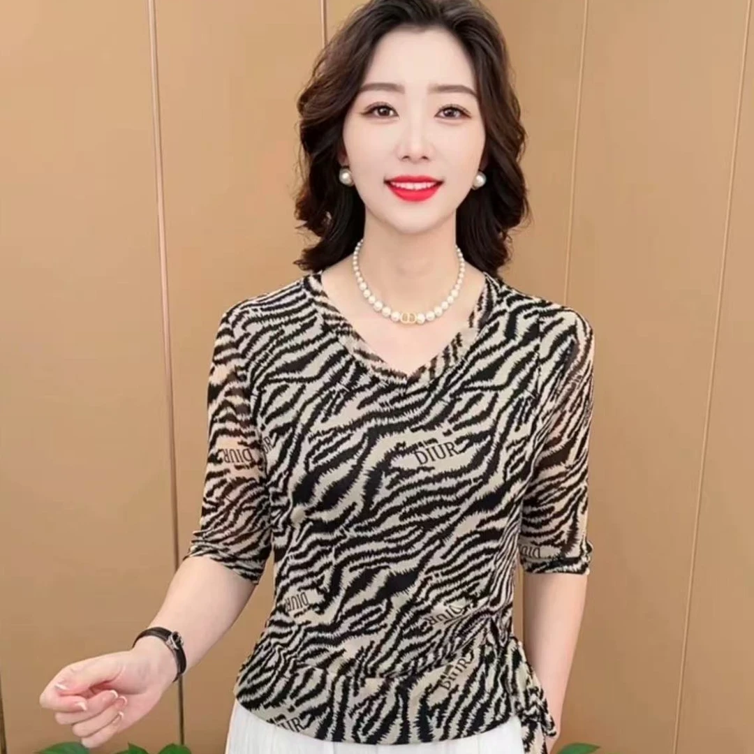 【豹纹】长袖秋季新款印花T恤女妈妈装显瘦气质网红洋气时尚百搭