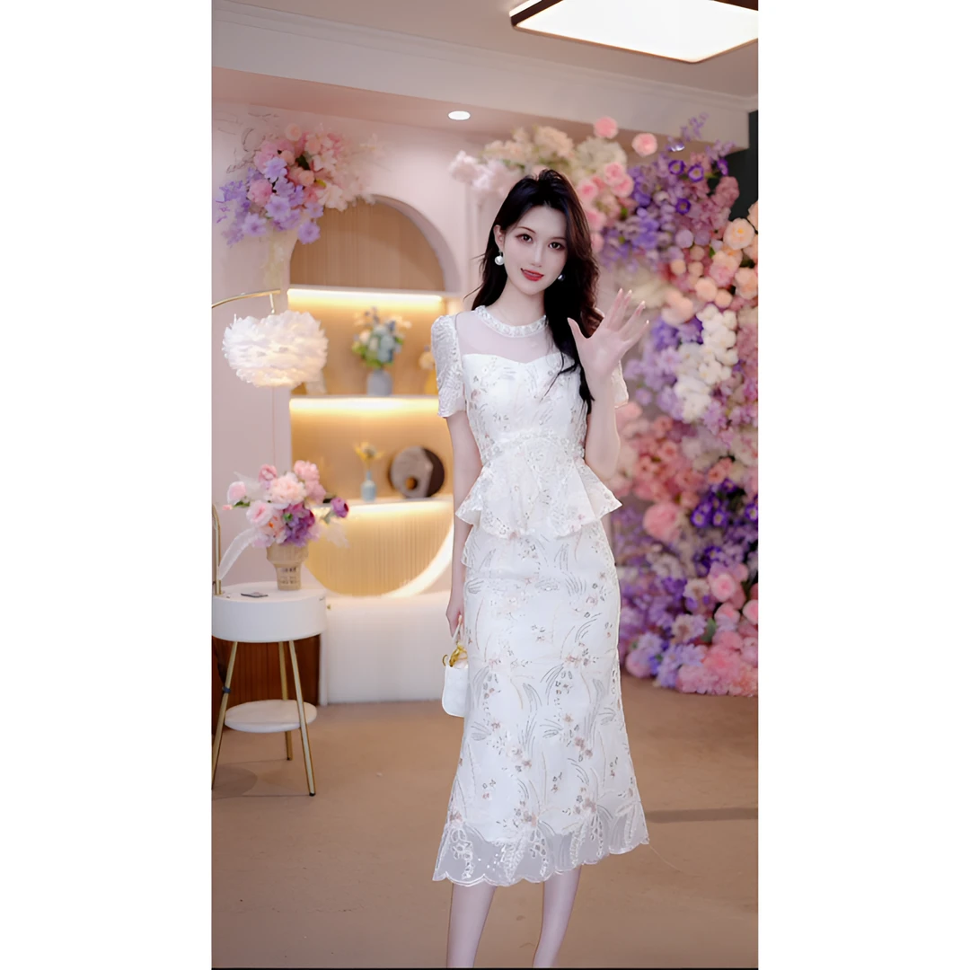 2025夏季新款蕾丝长裙连衣裙碎花法式优雅短袖扎花修身连衣裙6241