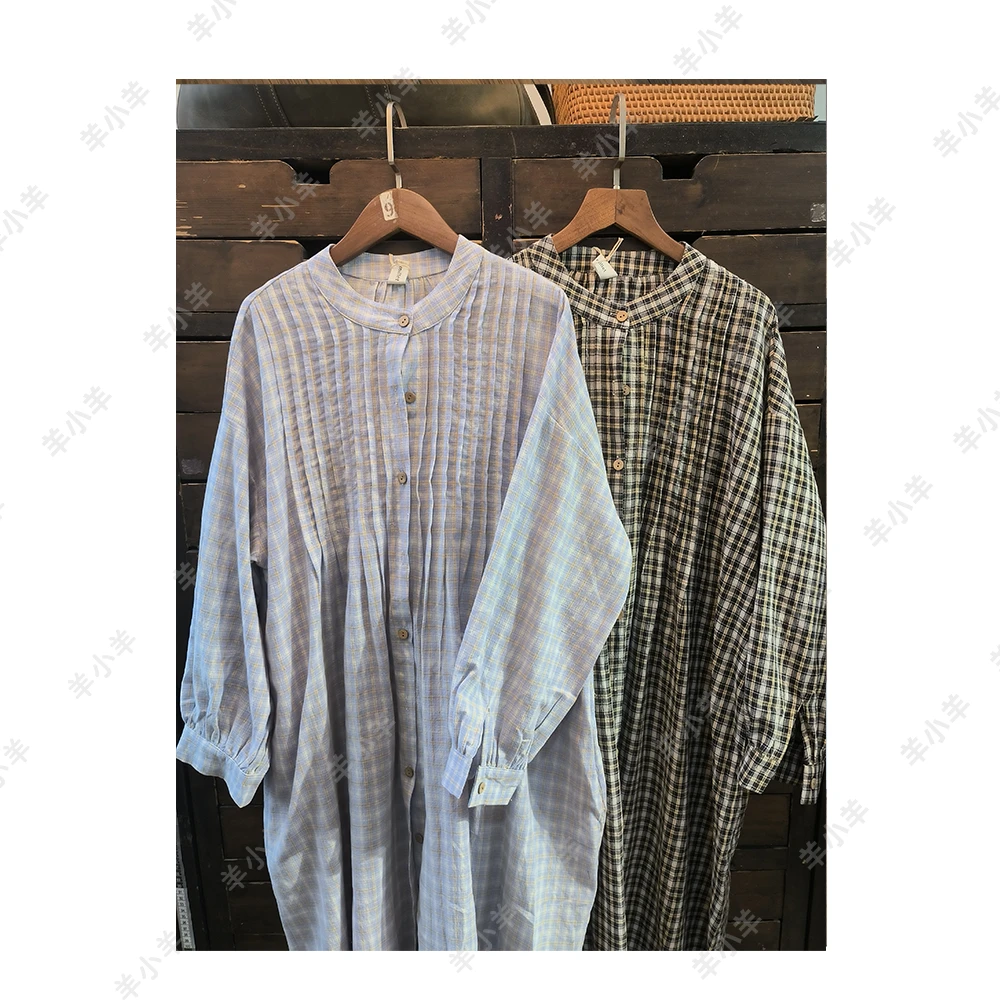 【羊小羊】186枝几  圆领格子压褶宽松时尚气质长袖复古长款连衣裙