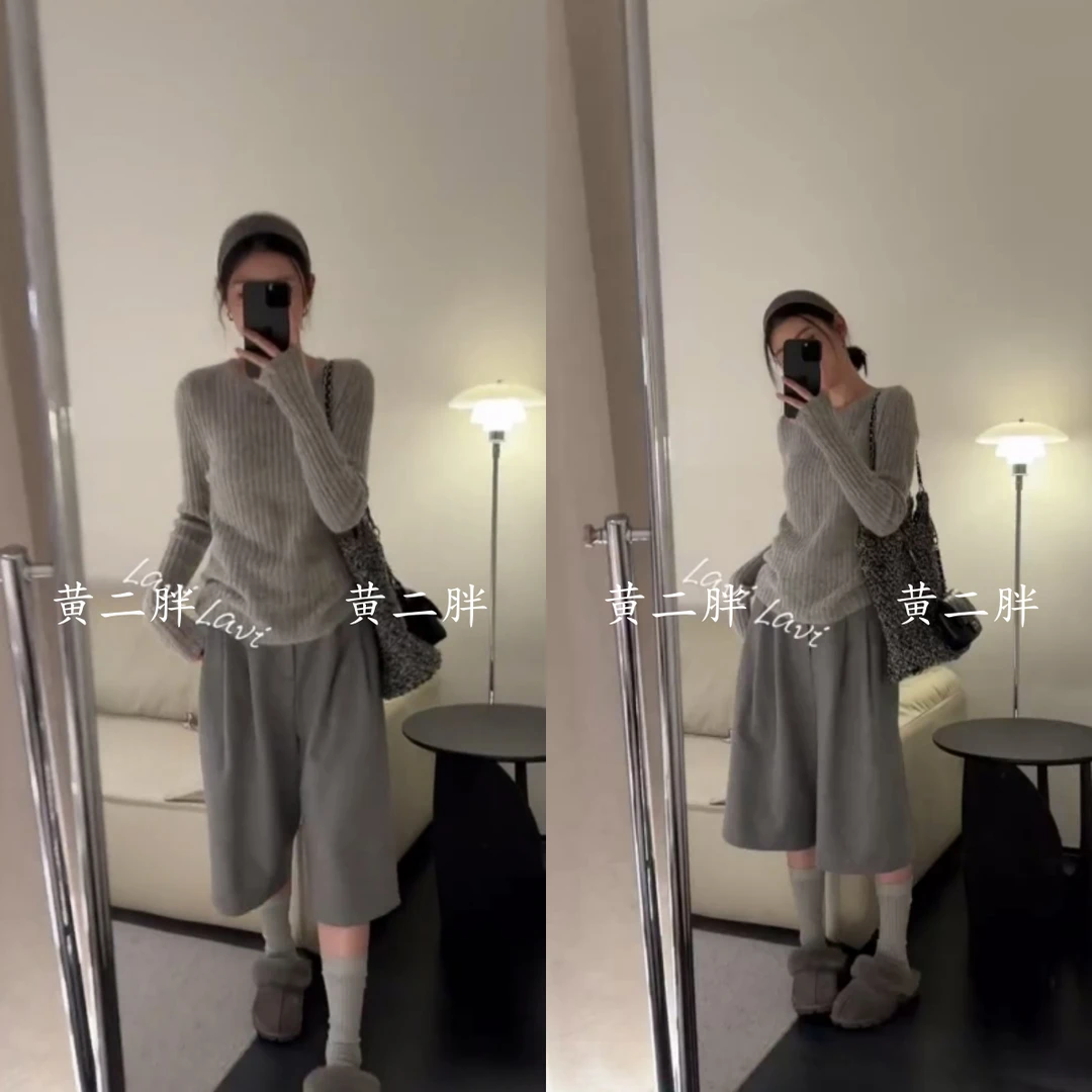 灰色圆领长袖针织衫女秋季韩版慵懒软糯毛衣高腰遮胯阔腿裤两件套