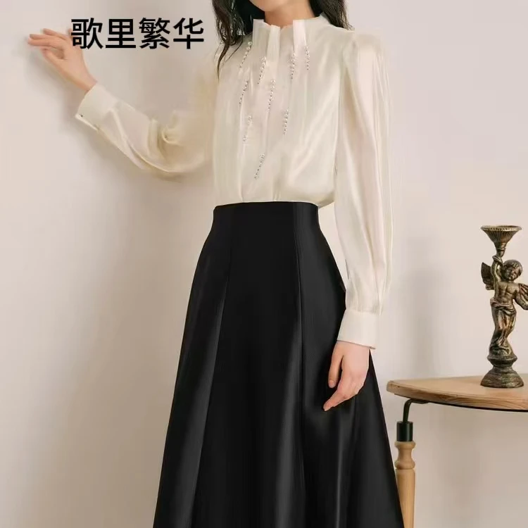 O+春夏渐变钉珠压褶流光纱衬衫0237长裙