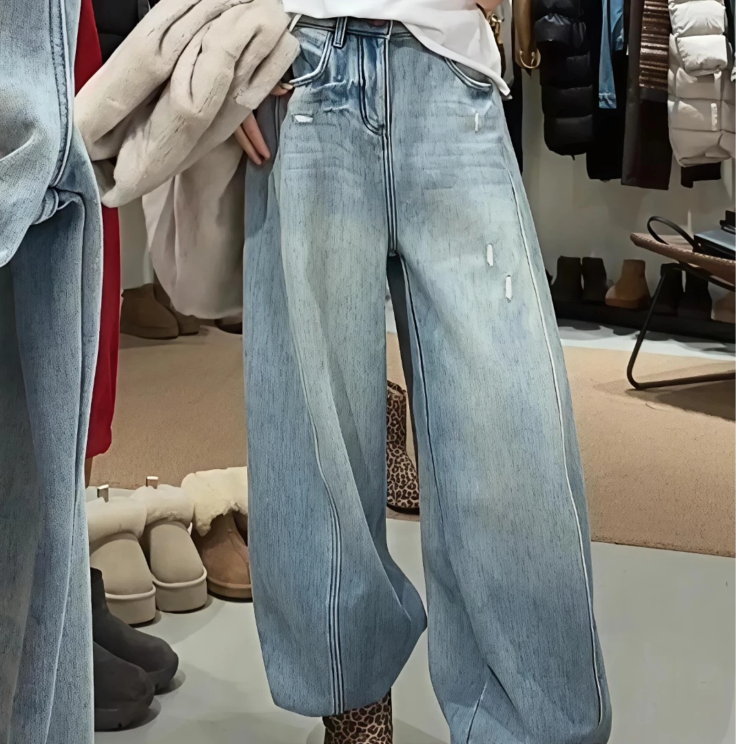 《蓝月光》冬季加绒厚高品质订制款牛仔裤长裤宽松百搭裤子水洗阔腿