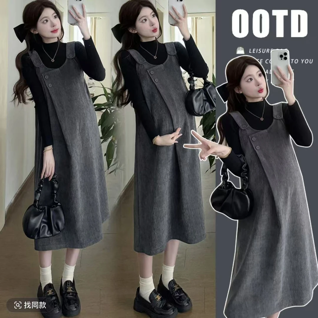 孕妇装春夏2025时尚显瘦高级感上衣+背带裙两件套