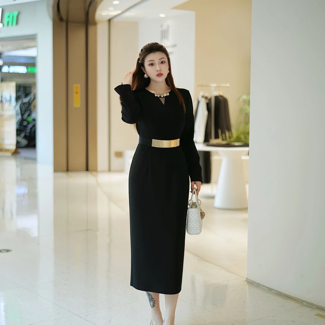 XYD71745秋季气质简约成熟小黑裙OL风长袖收腰大码女装显瘦连衣裙