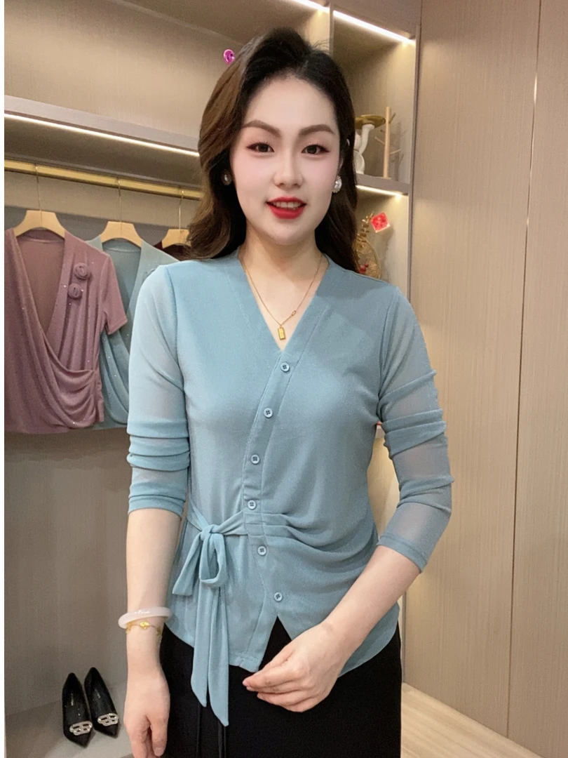 秋季上衣妈妈装时尚显瘦气质洋气系带休闲打底衫长袖