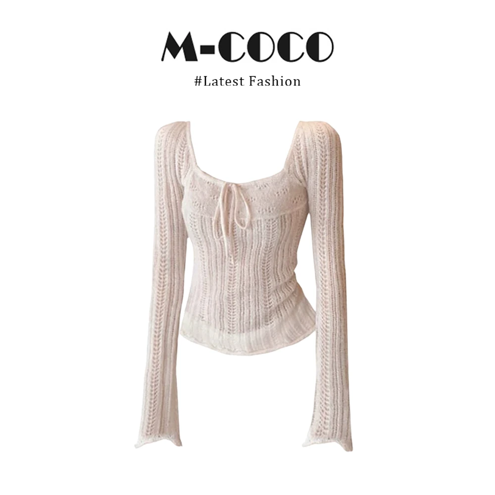 INSCEC甜美温柔风粉色系带镂空长袖T恤女秋季漂亮针织衫上衣秋冬