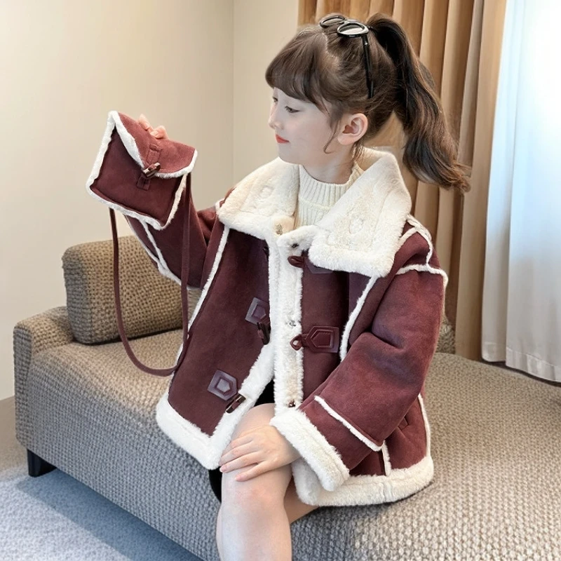 女童皮毛一体外套加绒加厚秋冬装2025新款韩版洋气中大童大衣保暖
