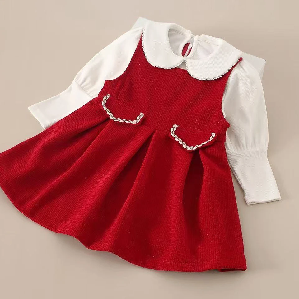 女宝大红色年服生日周岁装小礼服衬衫背心裙两件套77054