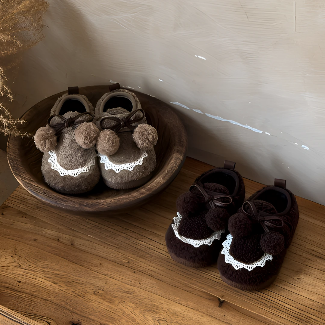 <Nube>  女小童毛毛鞋冬季女孩毛球可爱豆豆鞋加绒防滑魔术贴棉鞋