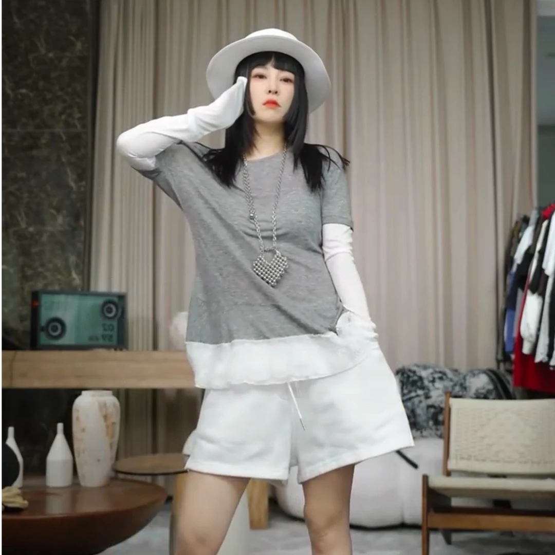 infobyfive福利夏季新款蕾丝花边拼接假两件长袖T恤NF0502235