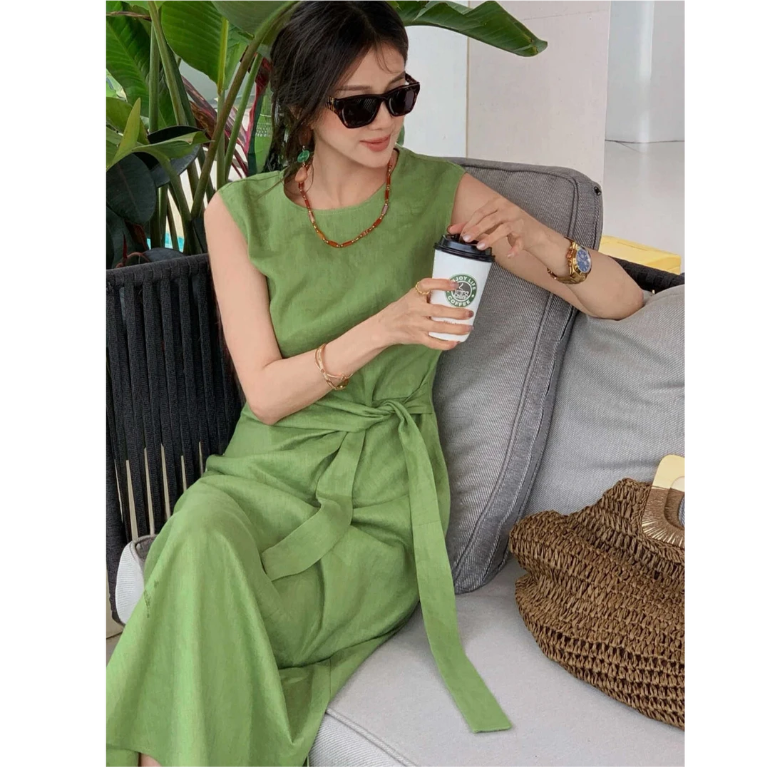 重磅欧货度假风小众设计感系带长款亚麻连衣裙