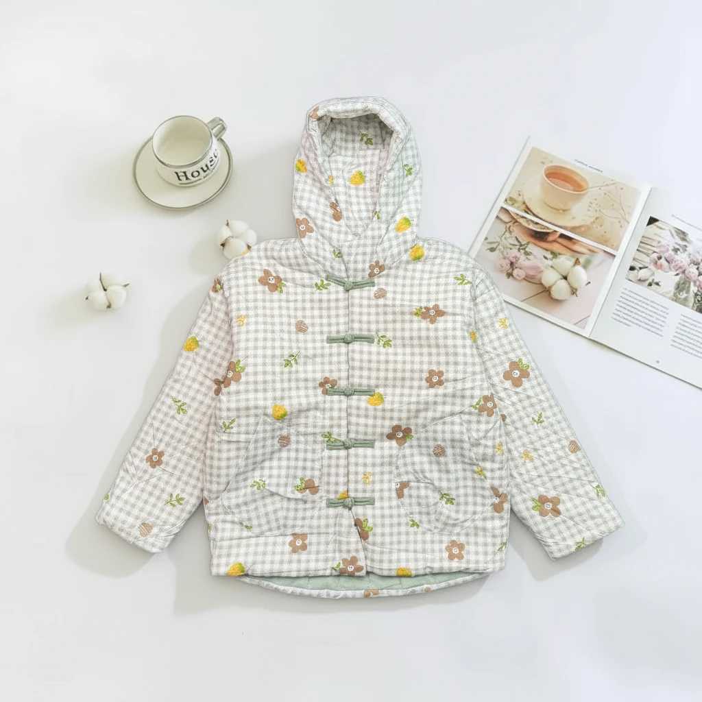 手工纯棉花休闲双层纱冬装连帽宽松棉衣保暖格子棉服加厚女冬季