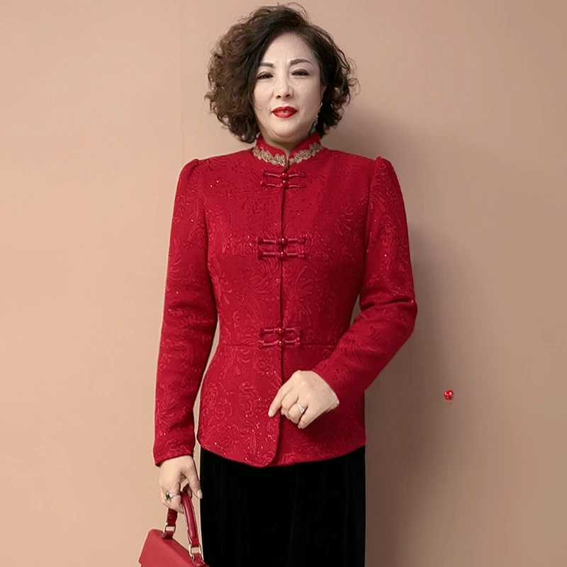高端中老年妈妈加厚提花加绒保暖上衣本命年红色改良旗袍开衫外套