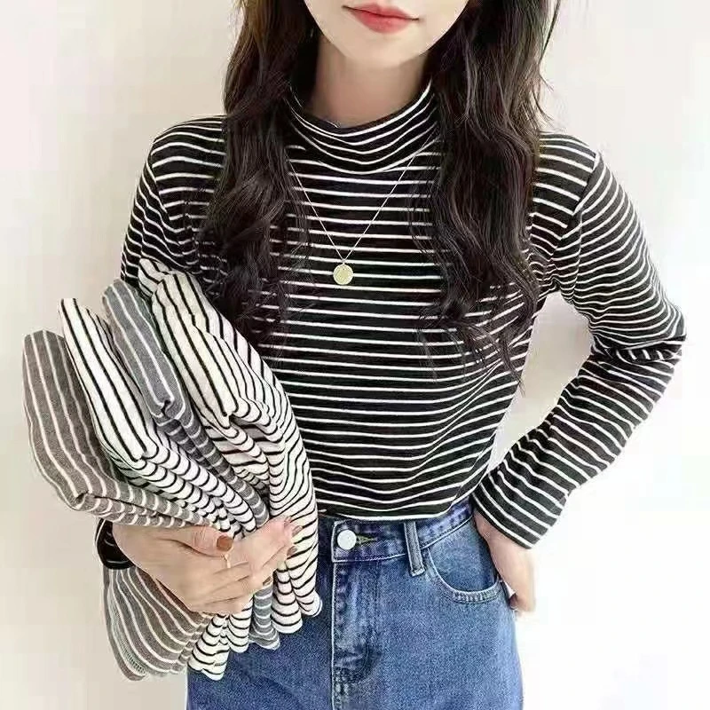 细条纹打底衫女秋冬半高领休闲百搭长袖T恤时尚修身内搭条纹上衣T
