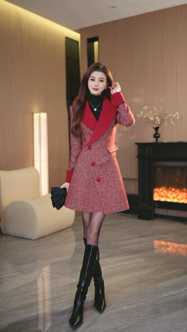 罗曼定制 原创设计红色大衣外套女时尚厚款翻领连衣裙女冬季新款