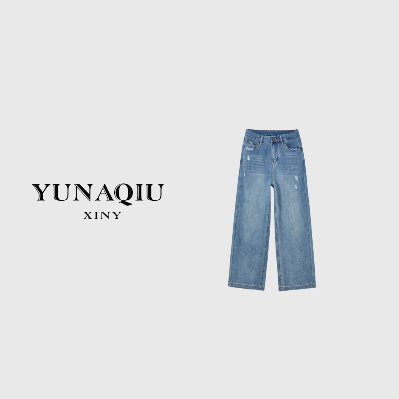 YUNAQIU-牛仔裤高腰直筒时尚休闲百搭宽松破洞设计师-8991