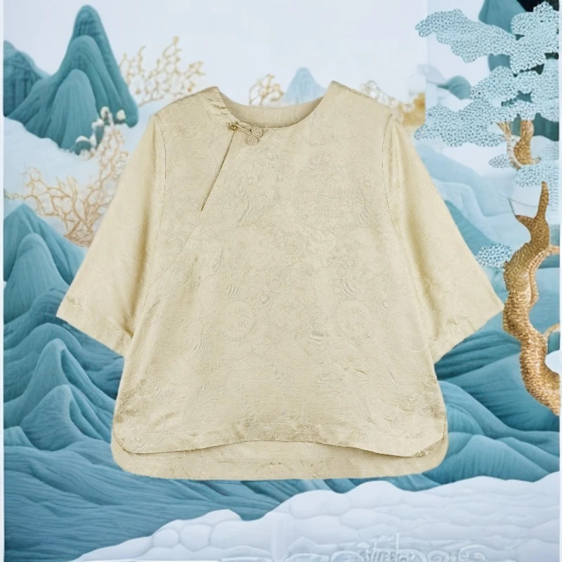 WW 2025春夏新款国风圆领提花新中式复古上衣 24237