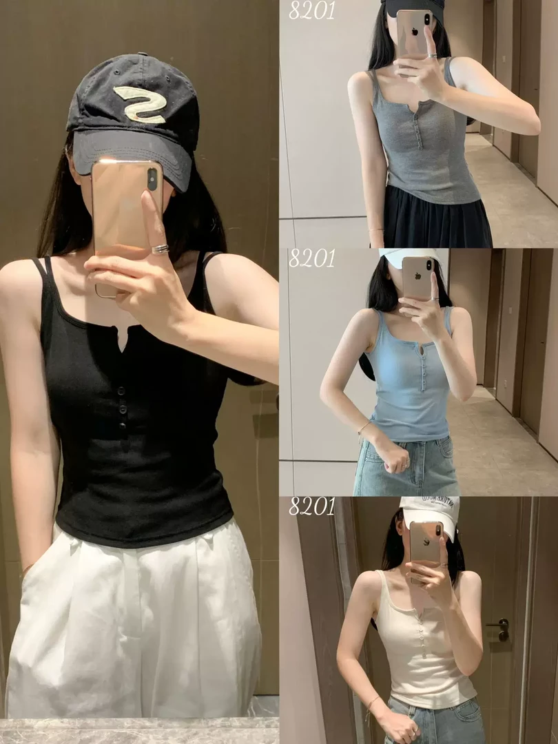 小V领纽扣时尚磨毛螺纹吊带背心女带胸垫一体杯修身短款内搭上衣