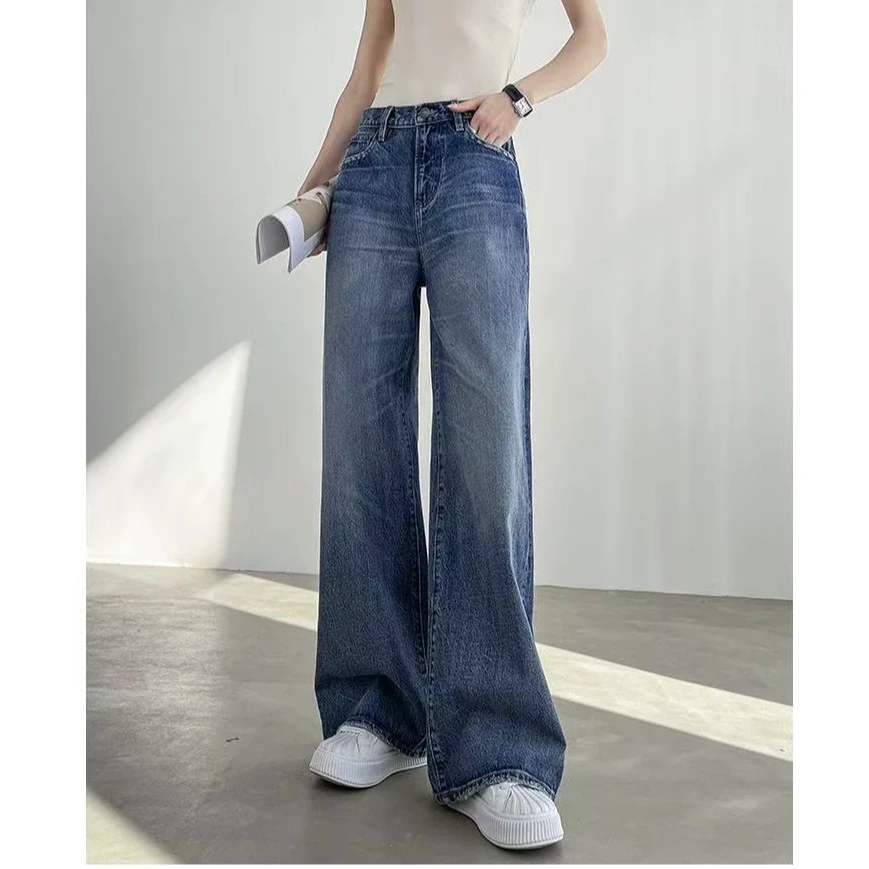 {木（清货个别瑕疵）}春款孤品百搭宽松显瘦复古色直筒弯刀牛仔裤女