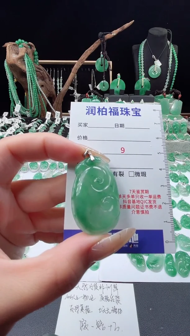 吊坠(不含链)银S925镶嵌石英质玉（非洲翠）如意4.606