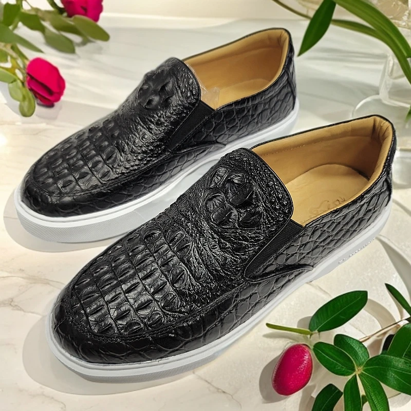 【夏季爆款】鳄鱼真皮豆豆鞋休闲男鞋XL白底夏季鳄鱼皮一脚蹬